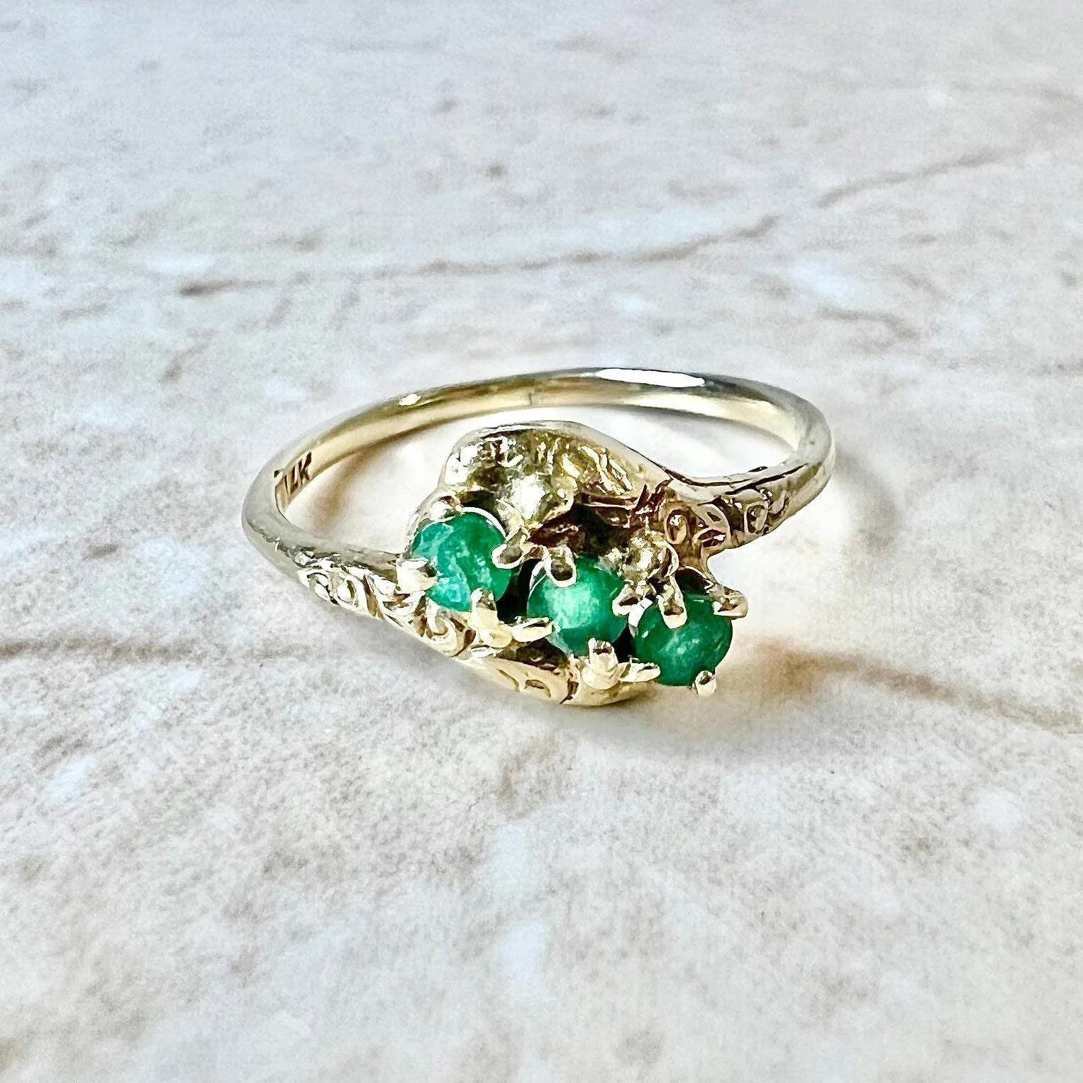 Antique 14 Karat Yellow Gold Natural Emerald Three-Stone Ring