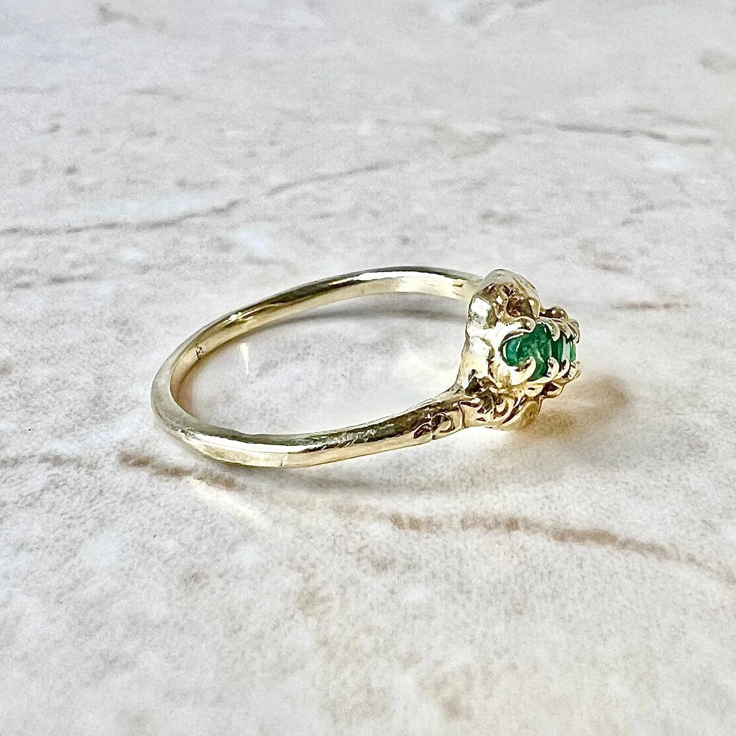 Antique 14 Karat Yellow Gold Natural Emerald Three-Stone Ring