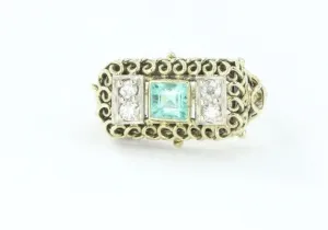Antique Art Nouveau 14K Gold Old mine Diamond & Emerald Ring