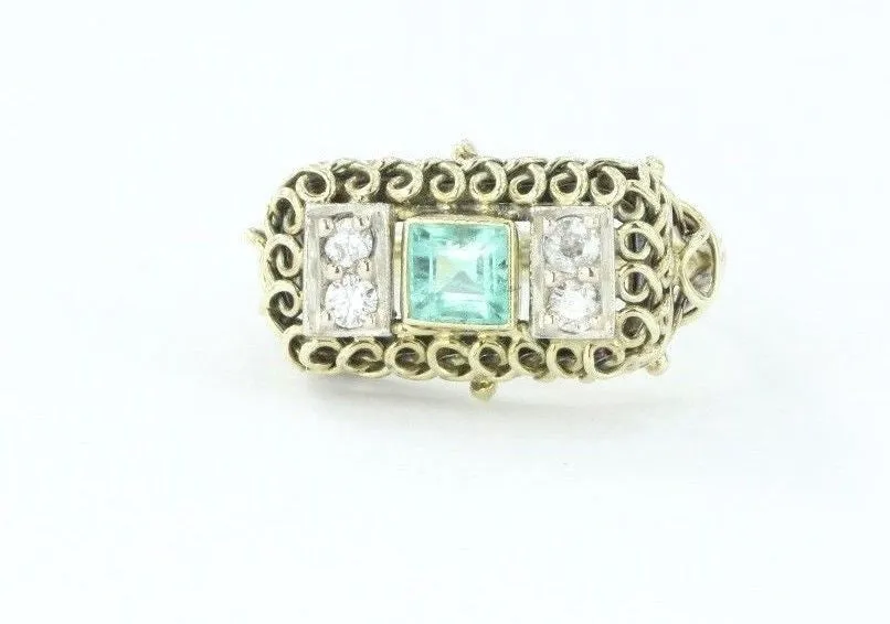 Antique Art Nouveau 14K Gold Old mine Diamond & Emerald Ring