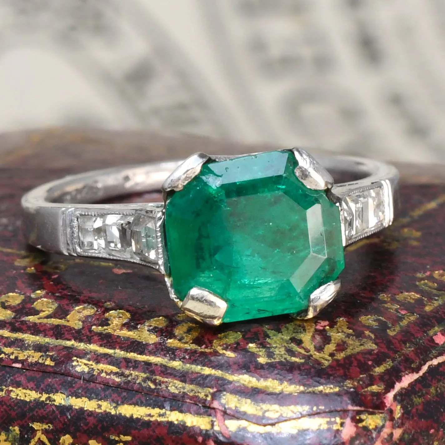 Art Deco Emerald & Asscher Cut Diamond Engagement Ring