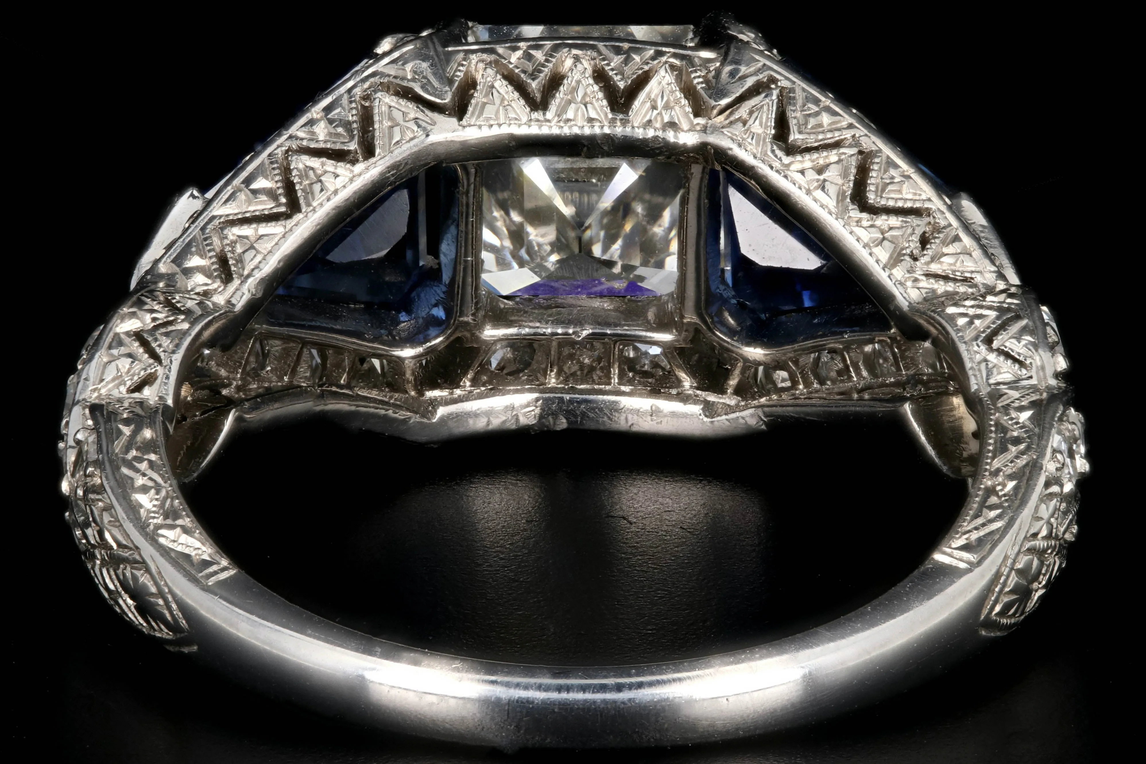 Art Deco Style Platinum Square Cut Emerald 1.64 Carat Diamond and Sapphire Ring GIA Certified