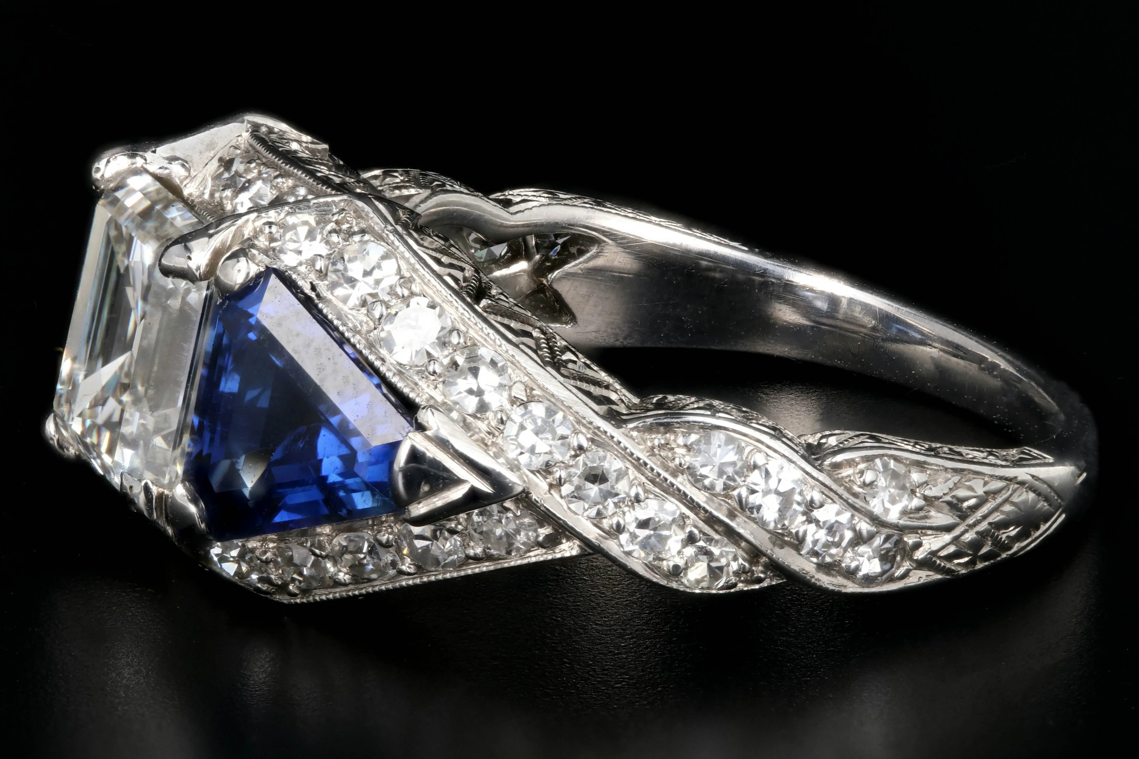 Art Deco Style Platinum Square Cut Emerald 1.64 Carat Diamond and Sapphire Ring GIA Certified