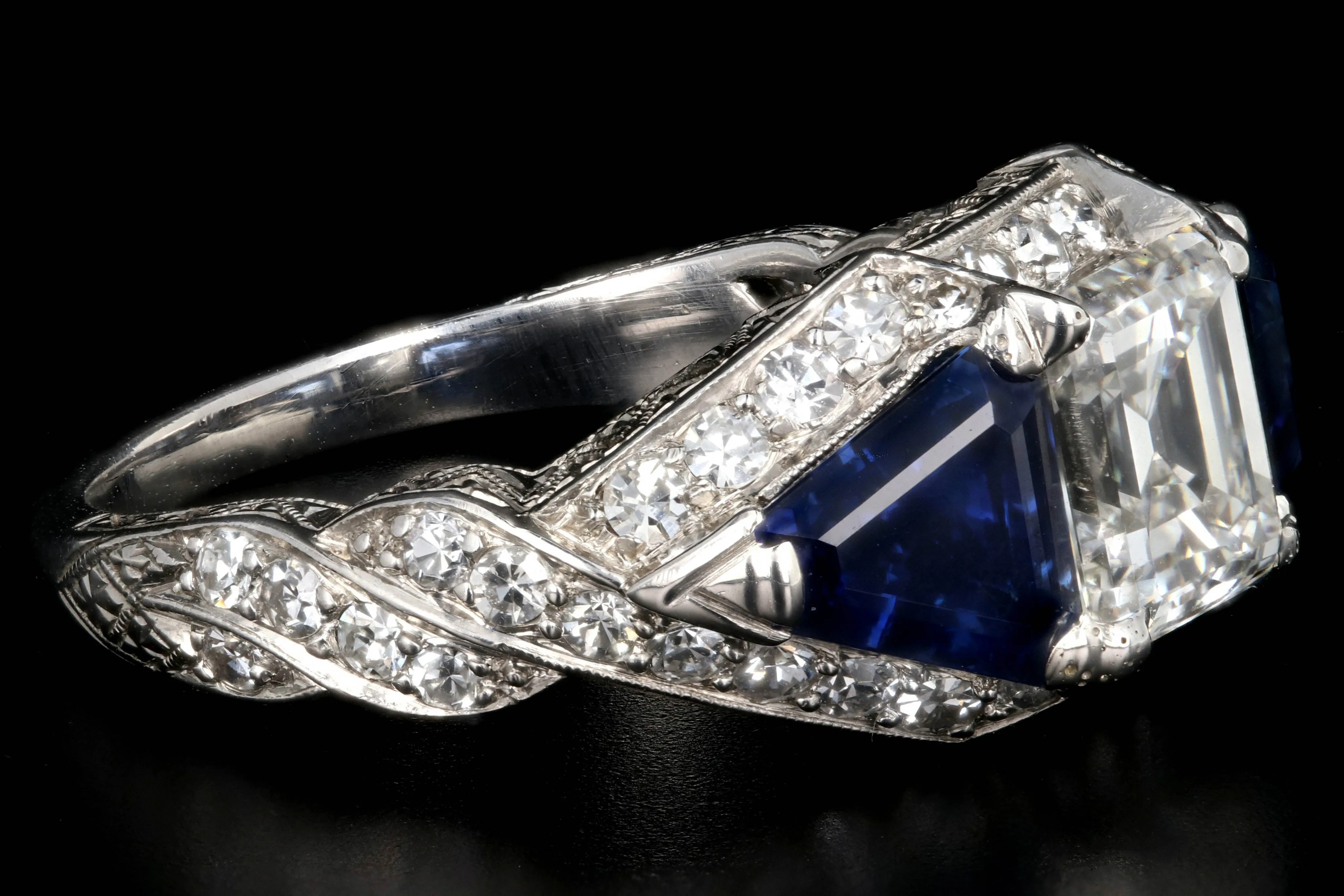 Art Deco Style Platinum Square Cut Emerald 1.64 Carat Diamond and Sapphire Ring GIA Certified