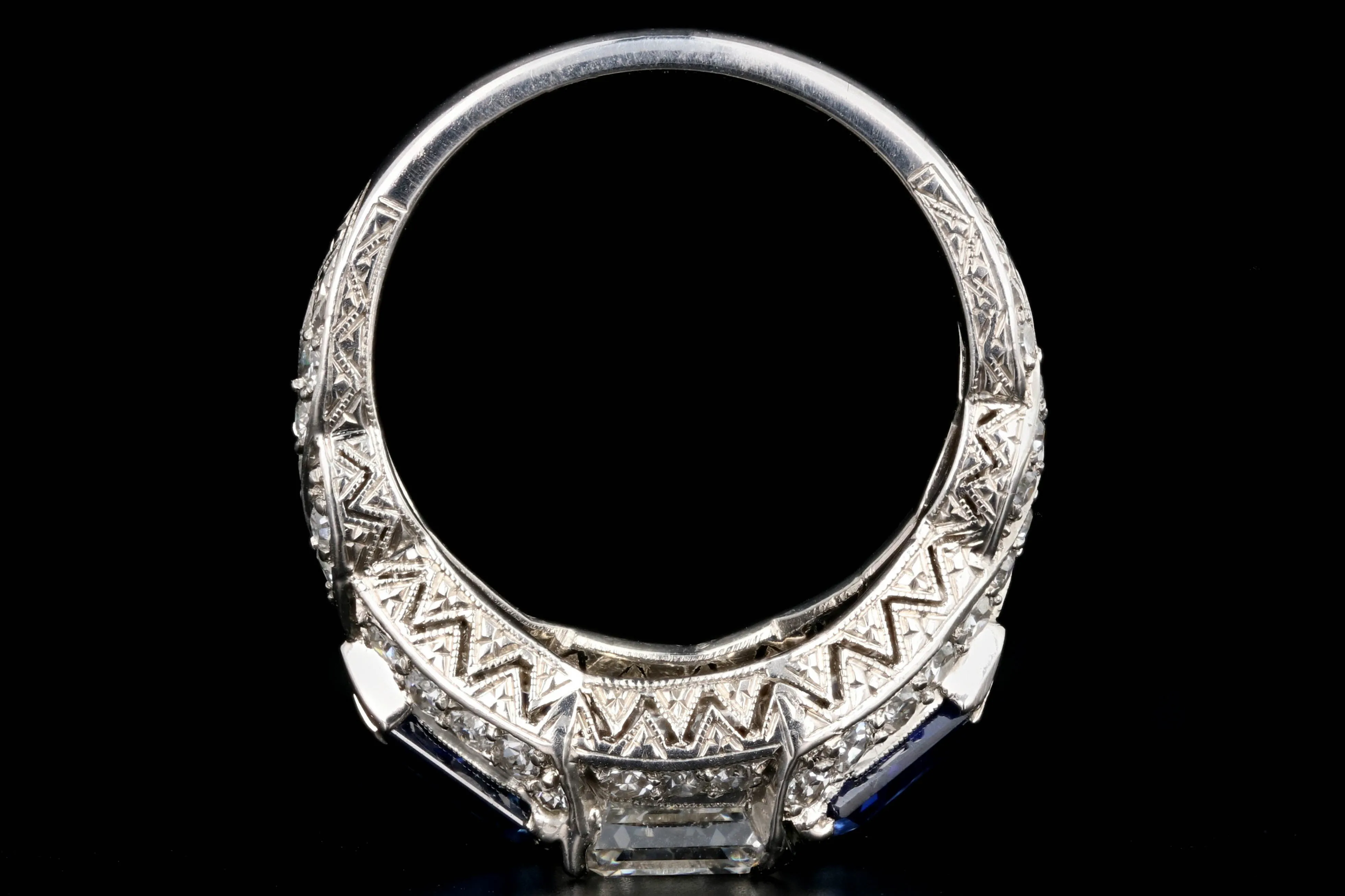Art Deco Style Platinum Square Cut Emerald 1.64 Carat Diamond and Sapphire Ring GIA Certified