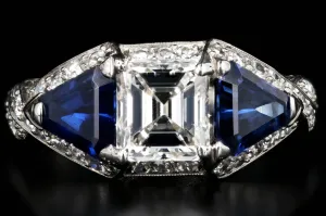 Art Deco Style Platinum Square Cut Emerald 1.64 Carat Diamond and Sapphire Ring GIA Certified