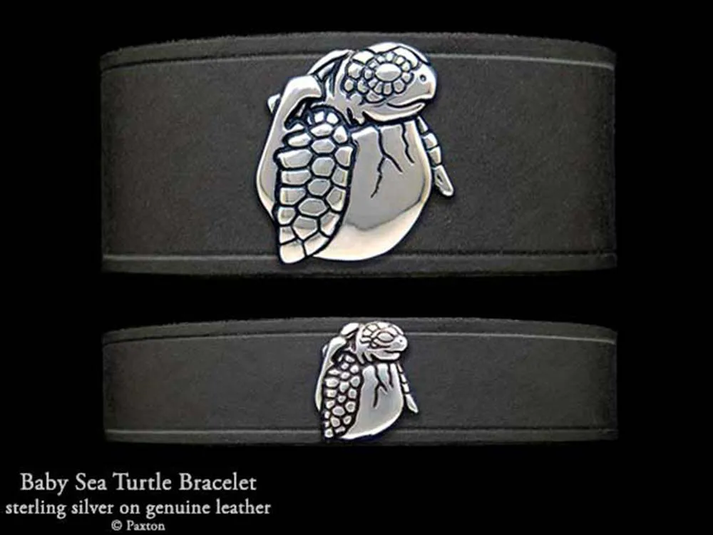 Baby Sea Turtle Bracelet Sterling Silver on Genuine Leather