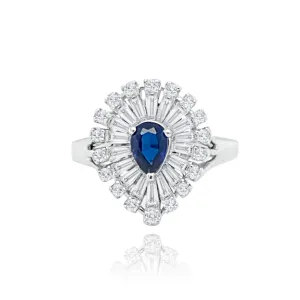 Baguette cut & Brilliant cut Diamonds with Pear Shaped Sapphire "seychelles" Ring
