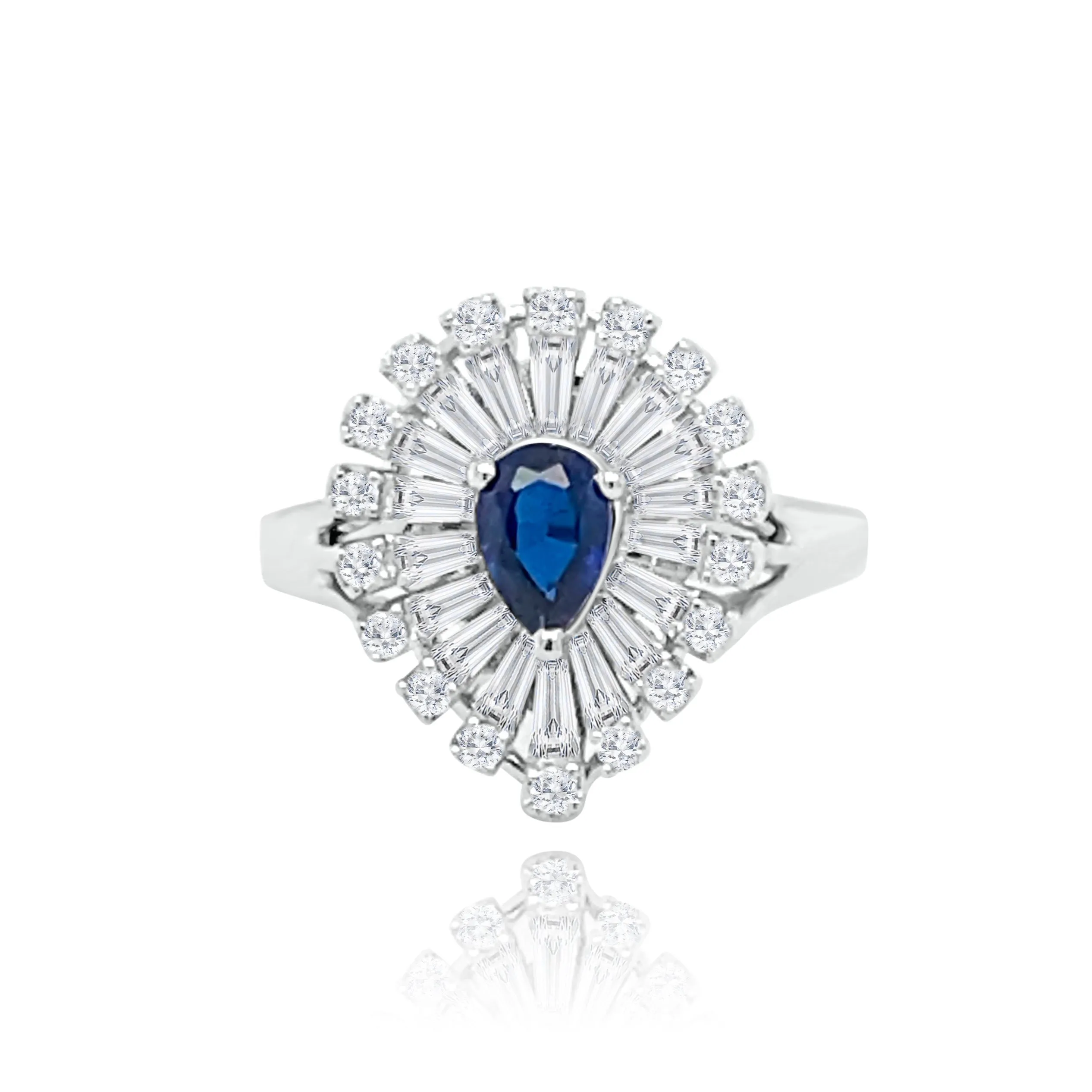 Baguette cut & Brilliant cut Diamonds with Pear Shaped Sapphire "seychelles" Ring