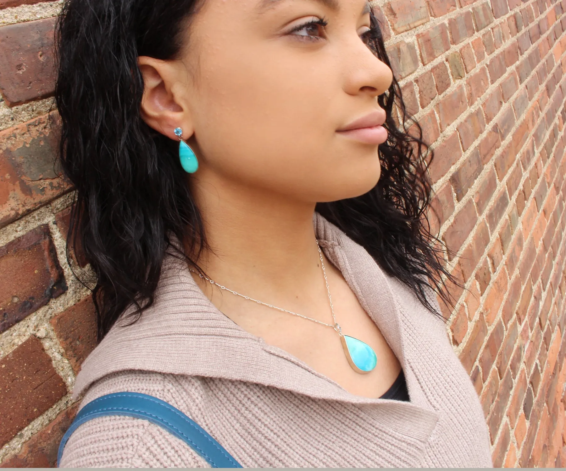 Beach Opal Petrified Wood Teardrop Jewelry Set
