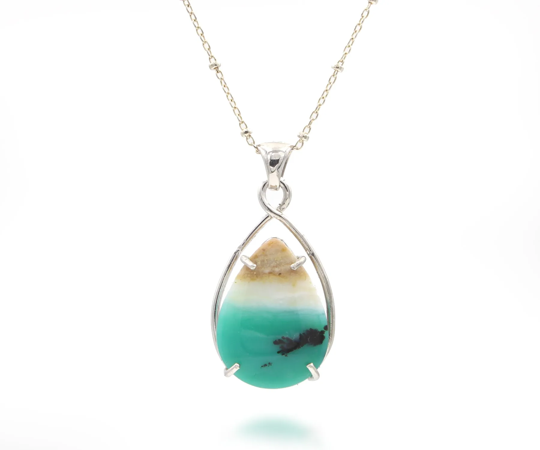Beach Opal Petrified Wood Twist Teardrop Necklace