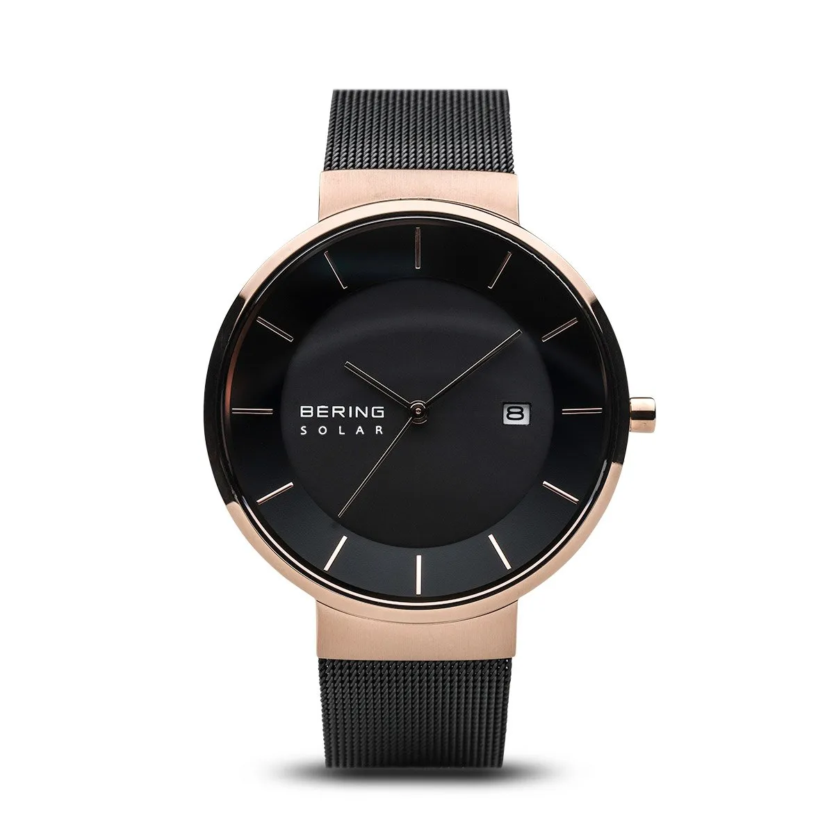 BERING Solar Black Milanese Strap Polished Rose Gold Case Men's Watch 14639-166