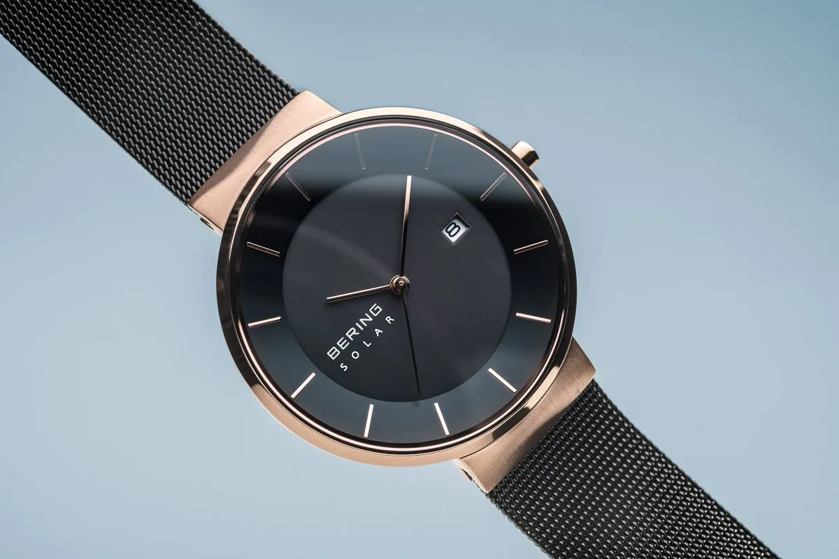 BERING Solar Black Milanese Strap Polished Rose Gold Case Men's Watch 14639-166