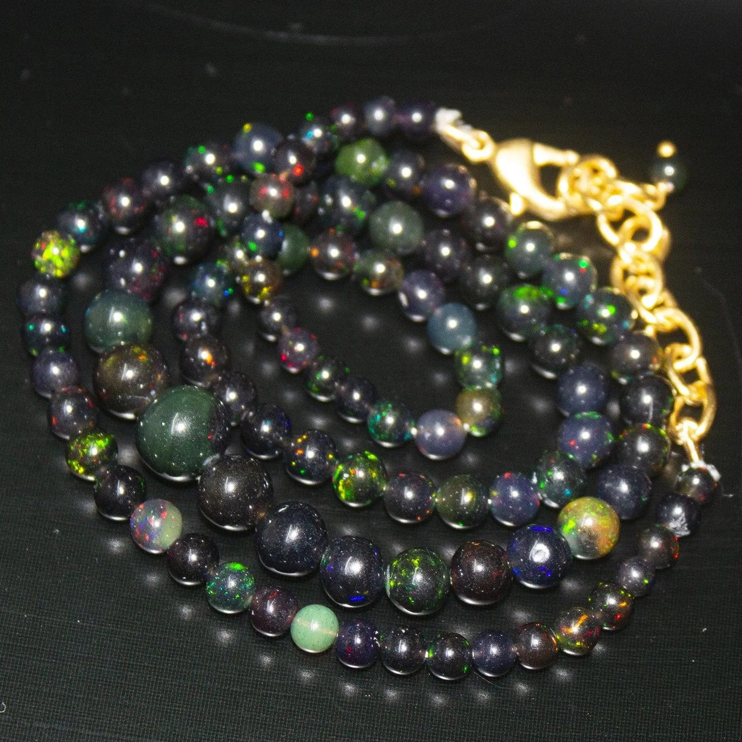 Black Ethiopian Opal Round Ball Gold Plated Gemstone Beads Necklace 18"