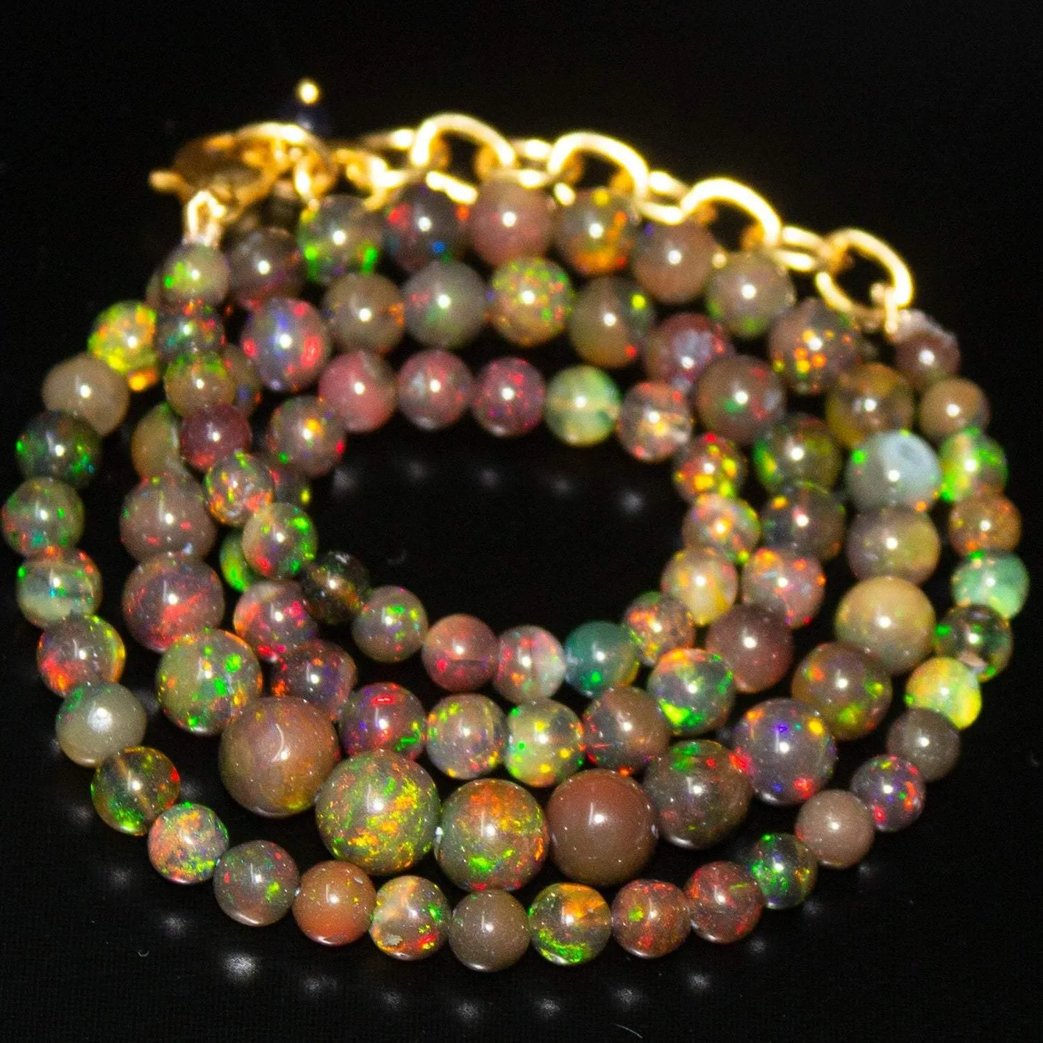 Black Ethiopian Opal Round Ball Gold Plated Gemstone Beads Necklace 18"