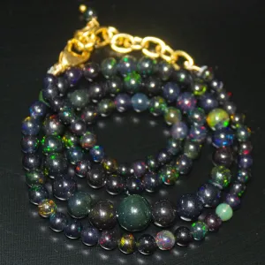Black Ethiopian Opal Round Ball Gold Plated Gemstone Beads Necklace 18"