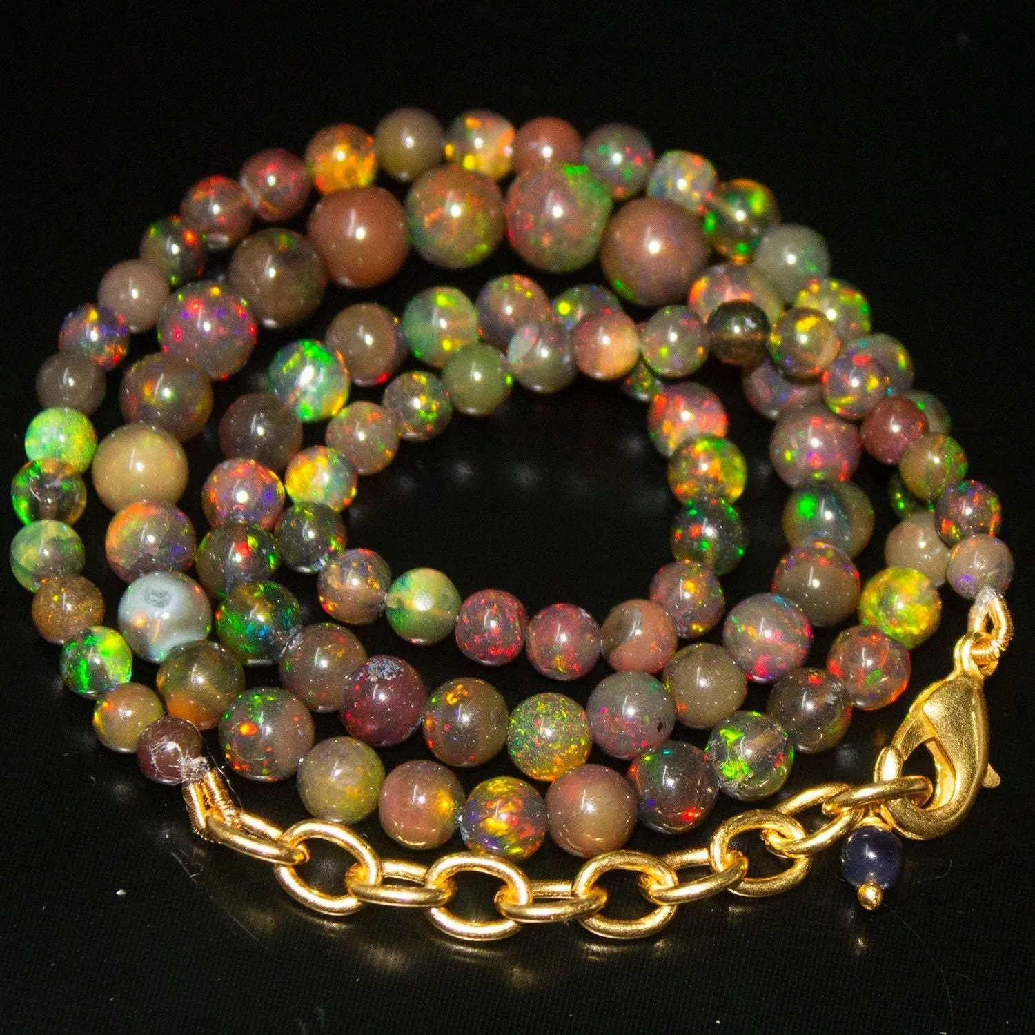 Black Ethiopian Opal Round Ball Gold Plated Gemstone Beads Necklace 18"