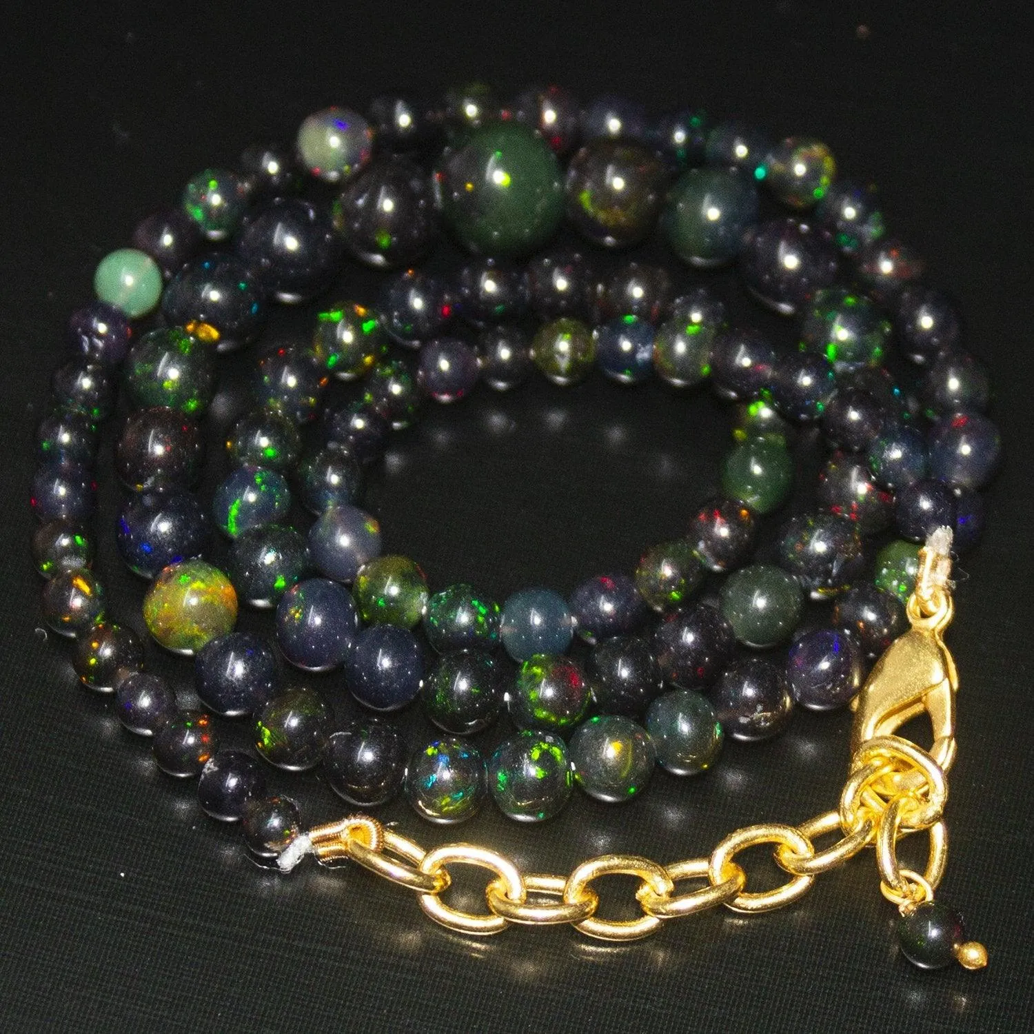 Black Ethiopian Opal Round Ball Gold Plated Gemstone Beads Necklace 18"