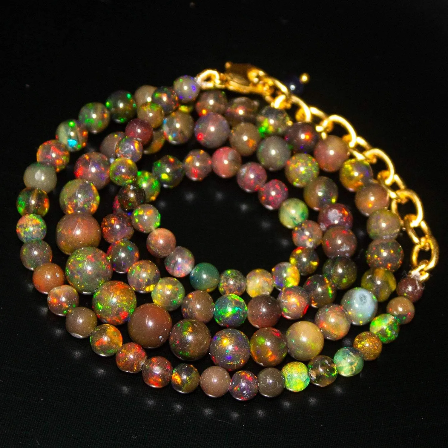 Black Ethiopian Opal Round Ball Gold Plated Gemstone Beads Necklace 18"