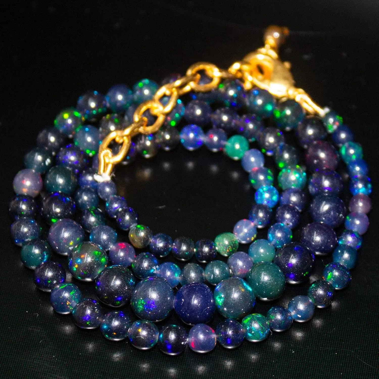 Black Neutral Opal Ball Round Gold Filled Gemstone Beads Necklace 18" 3mm 7mm