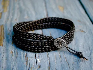 Black Seed Triple Wrap Bracelet - Pewter Tribal Button