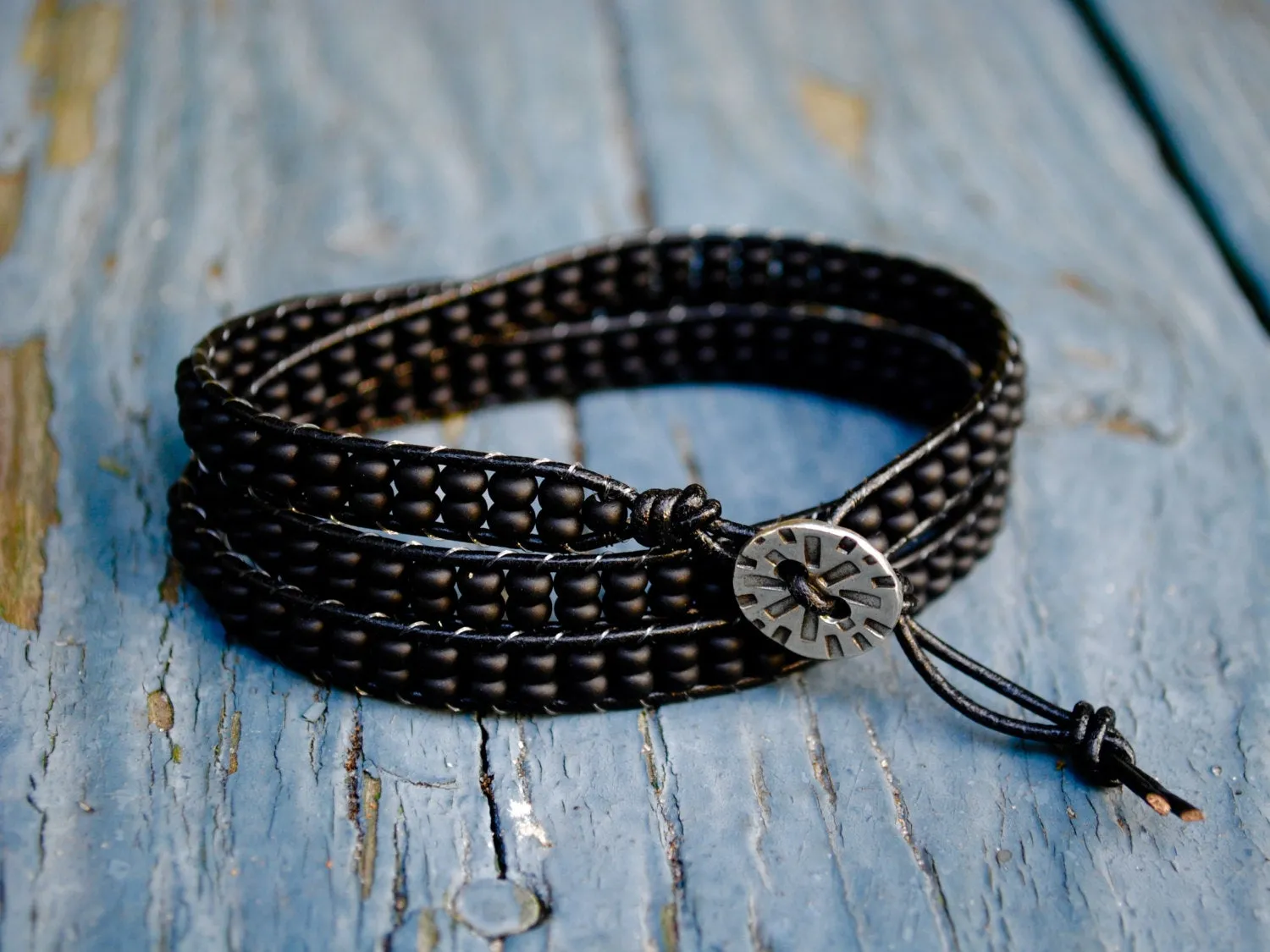 Black Seed Triple Wrap Bracelet - Pewter Tribal Button
