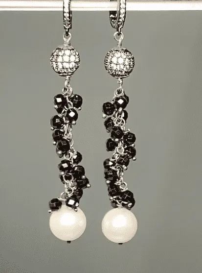 Black Spinel and White Pearl Long Dangle Earrings Oxidized Sterling Silver
