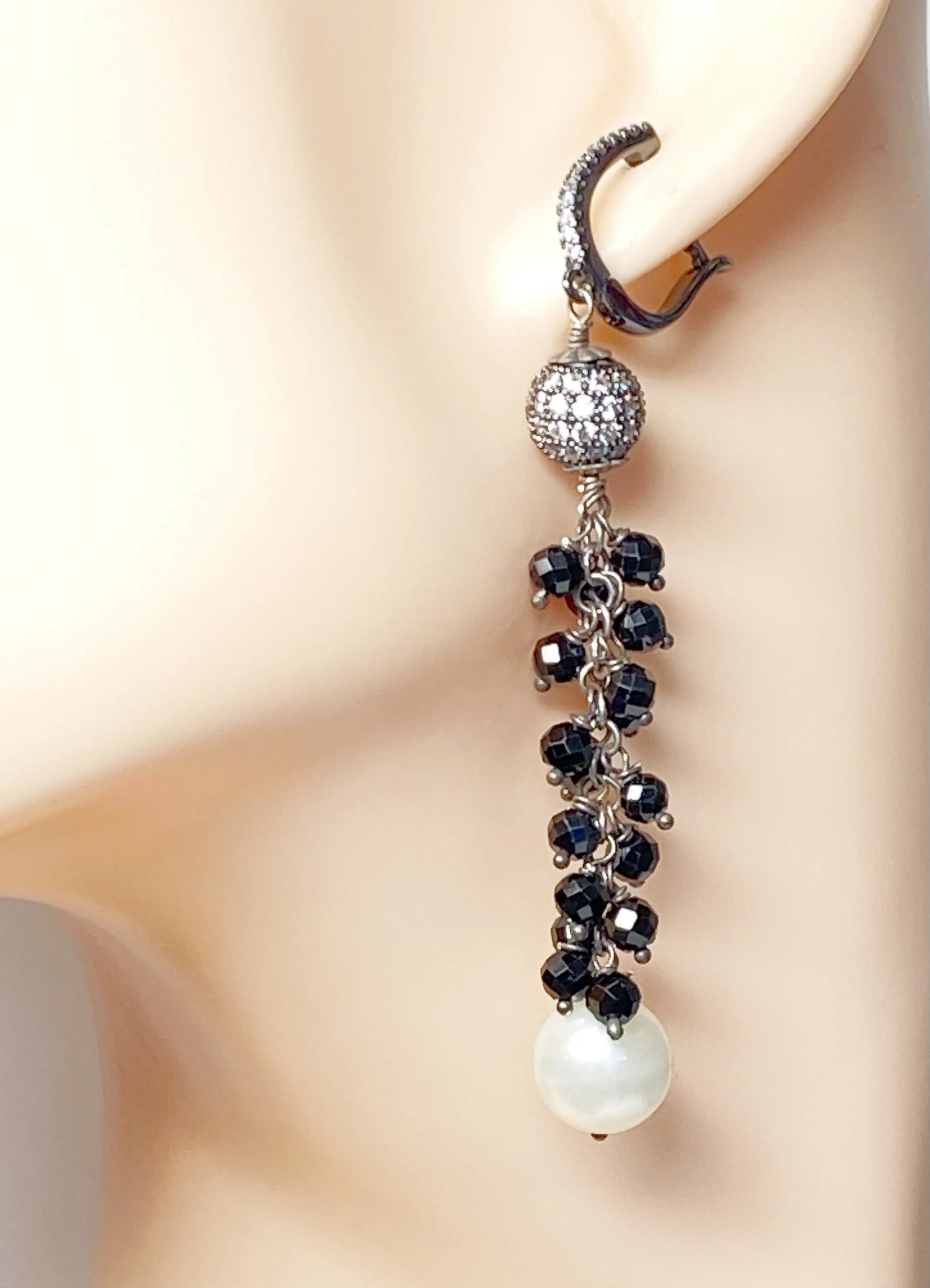 Black Spinel and White Pearl Long Dangle Earrings Oxidized Sterling Silver