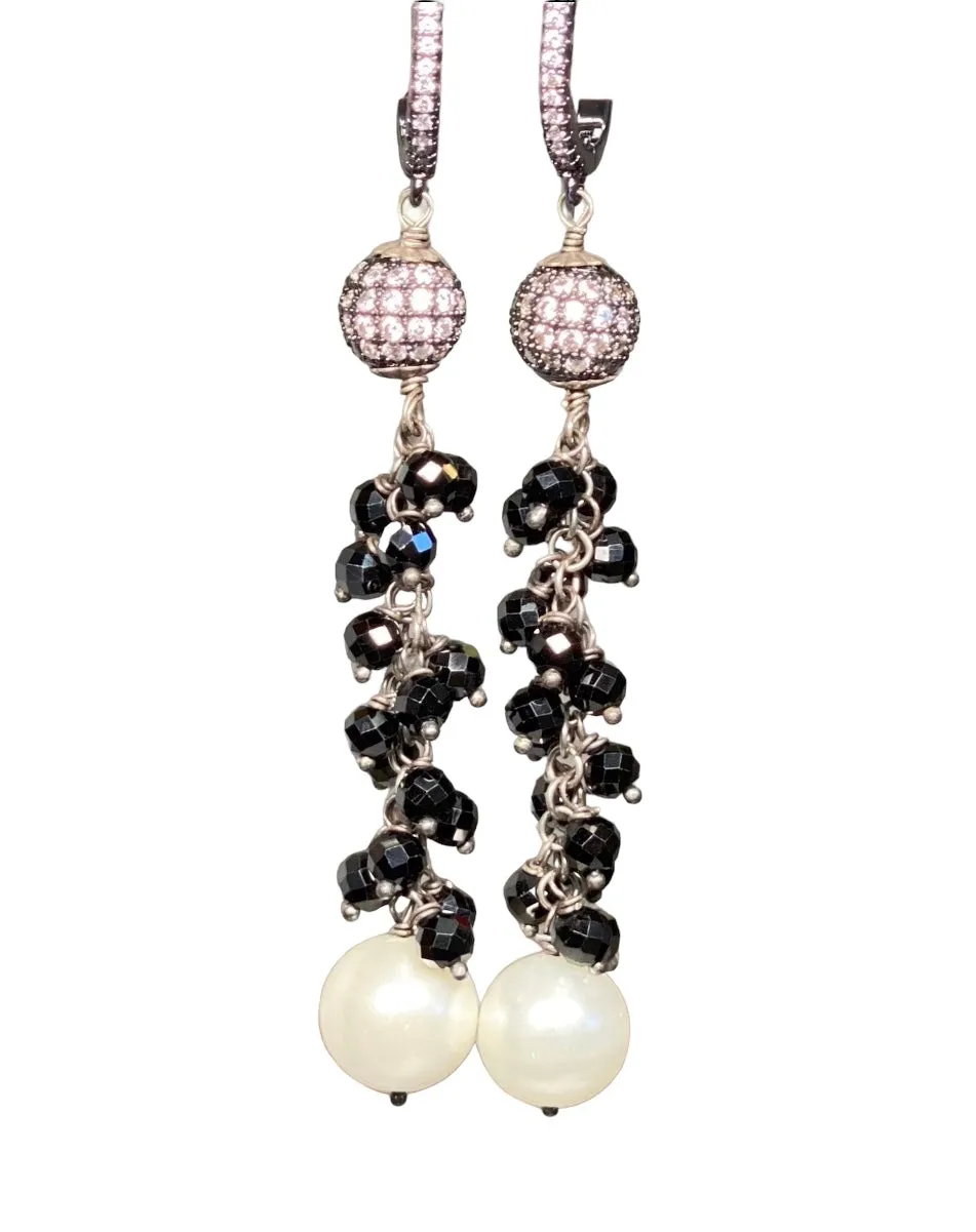 Black Spinel and White Pearl Long Dangle Earrings Oxidized Sterling Silver