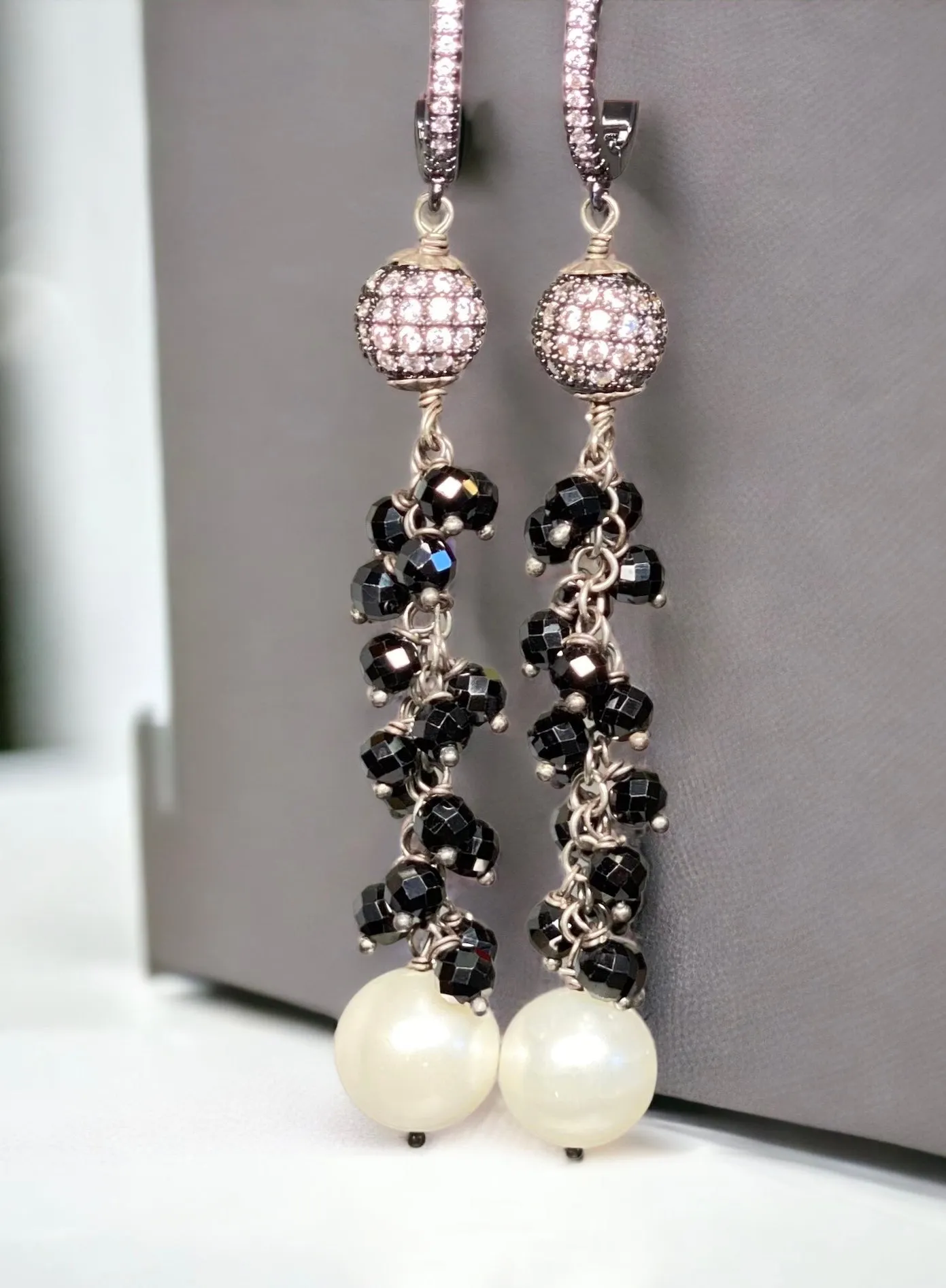 Black Spinel and White Pearl Long Dangle Earrings Oxidized Sterling Silver