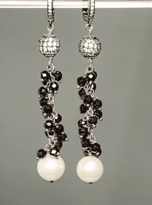 Black Spinel and White Pearl Long Dangle Earrings Oxidized Sterling Silver