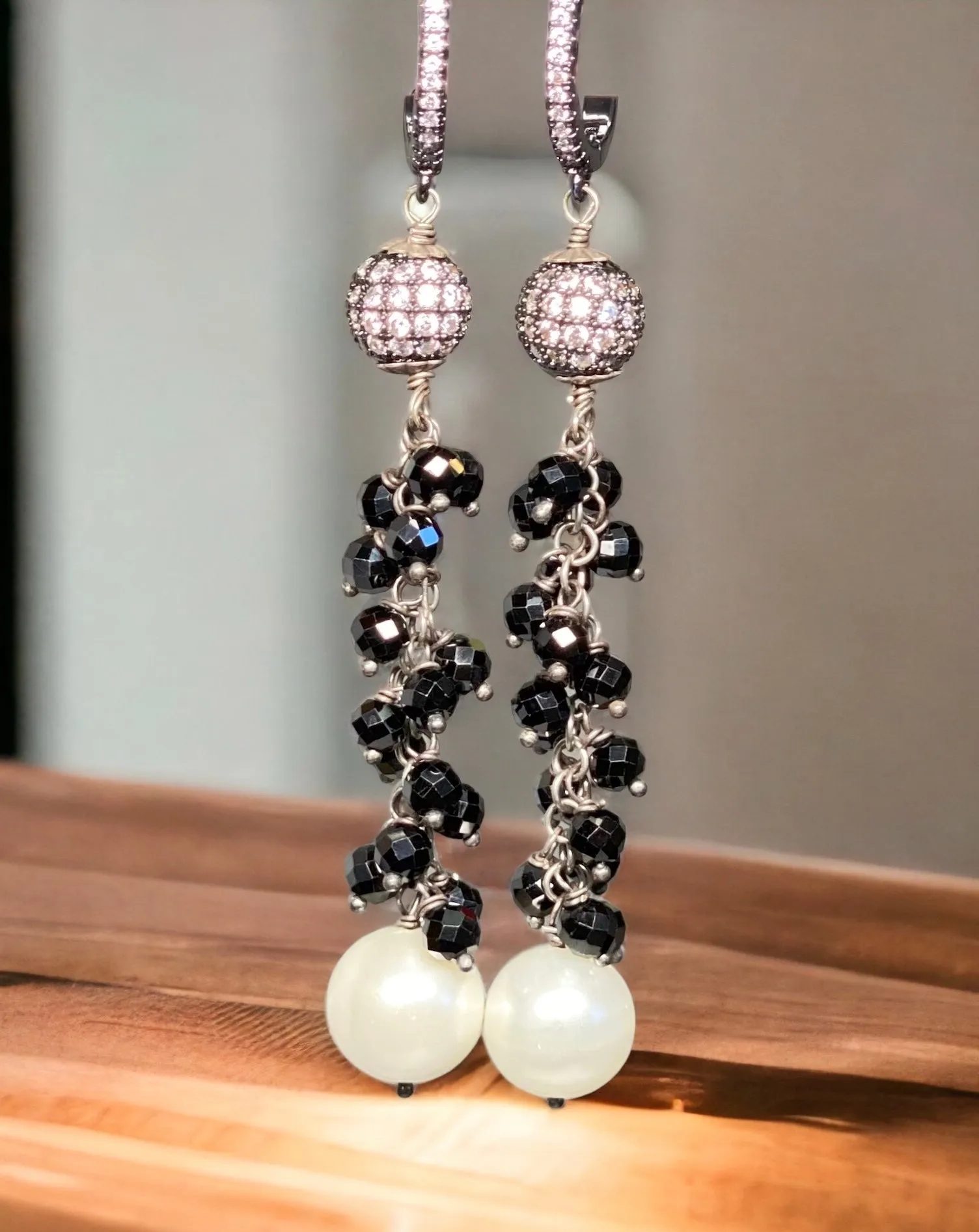 Black Spinel and White Pearl Long Dangle Earrings Oxidized Sterling Silver
