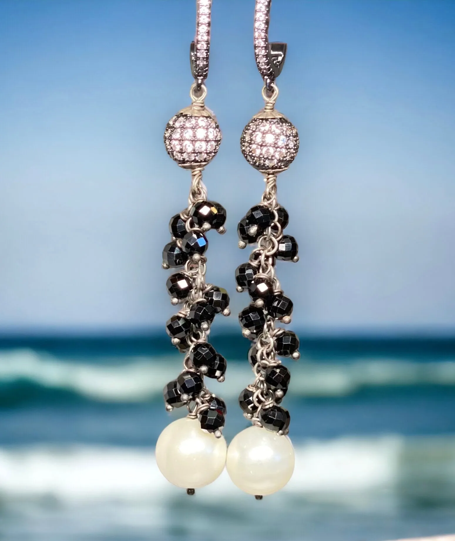Black Spinel and White Pearl Long Dangle Earrings Oxidized Sterling Silver