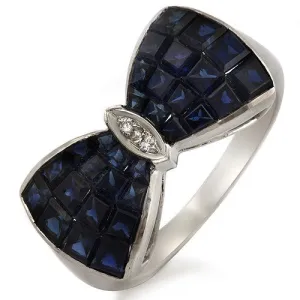 Blue Sapphire & Diamond Bow Shaped Ring, 18k White Gold