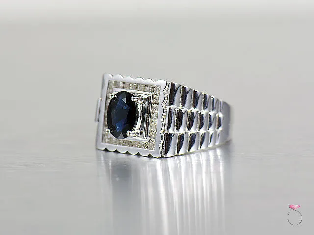 Blue Sapphire Diamond 14K White Gold Men Ring Band