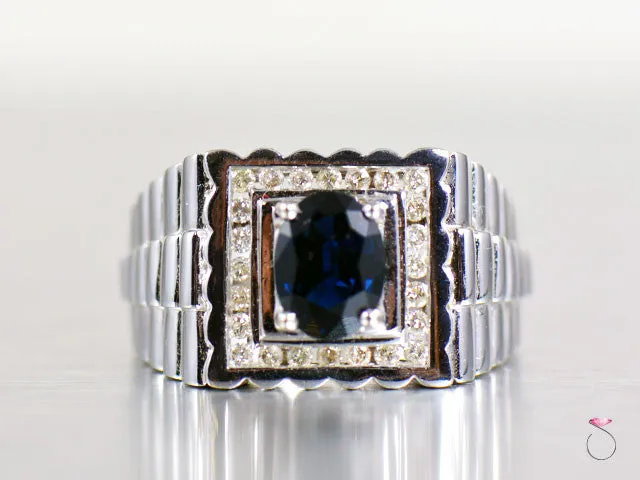 Blue Sapphire Diamond 14K White Gold Men Ring Band
