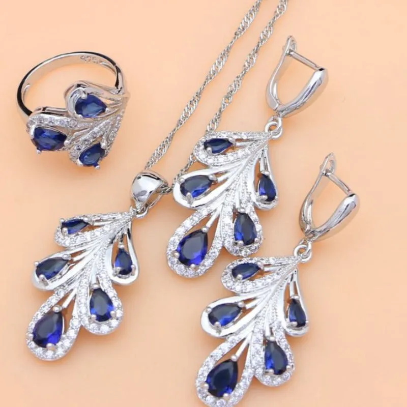 Blue Sapphire Leaves Jewelry Set for Women Wedding Jewelry