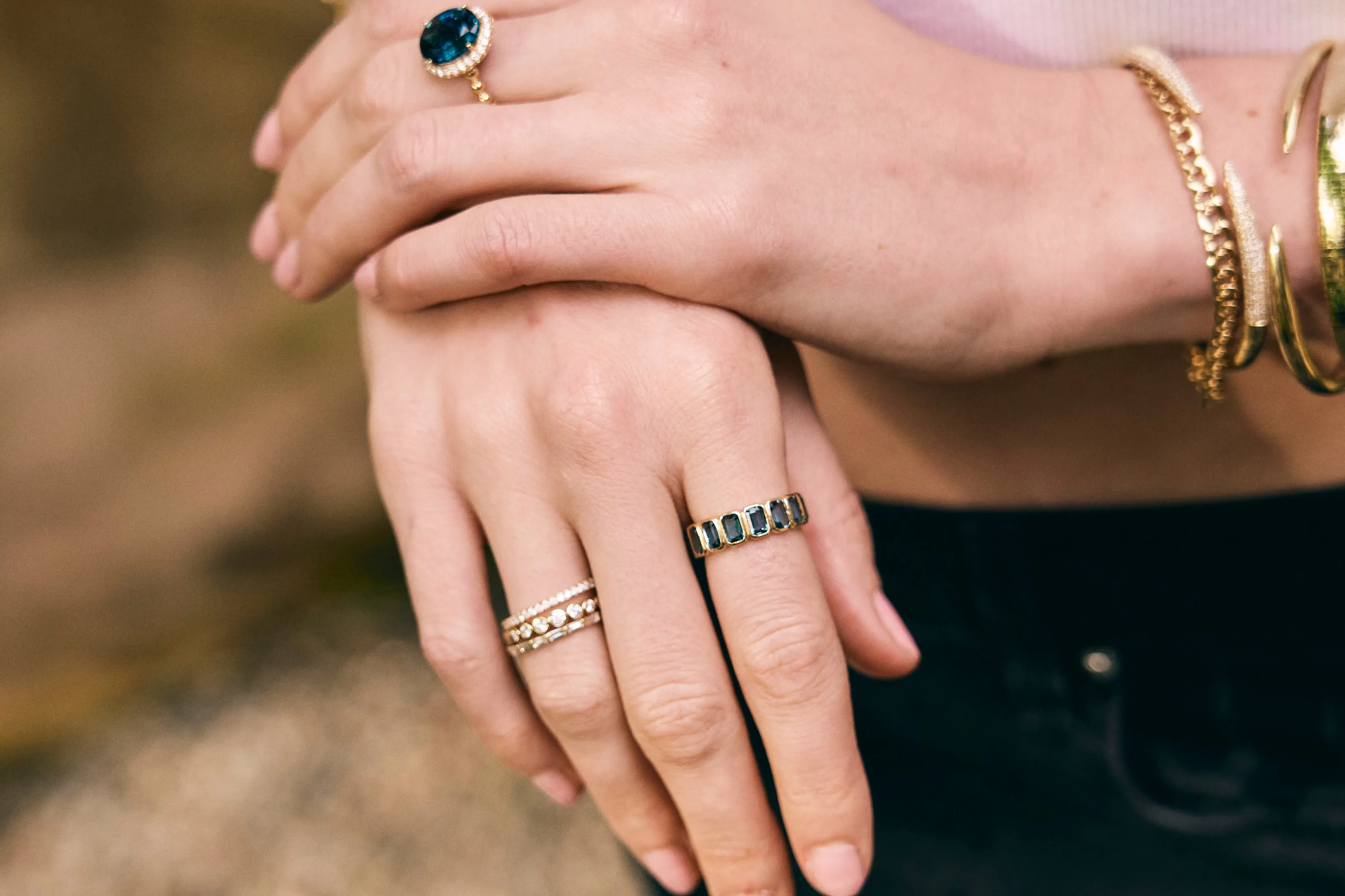 Blue Topaz Emerald Cut Bezel Eternity Band