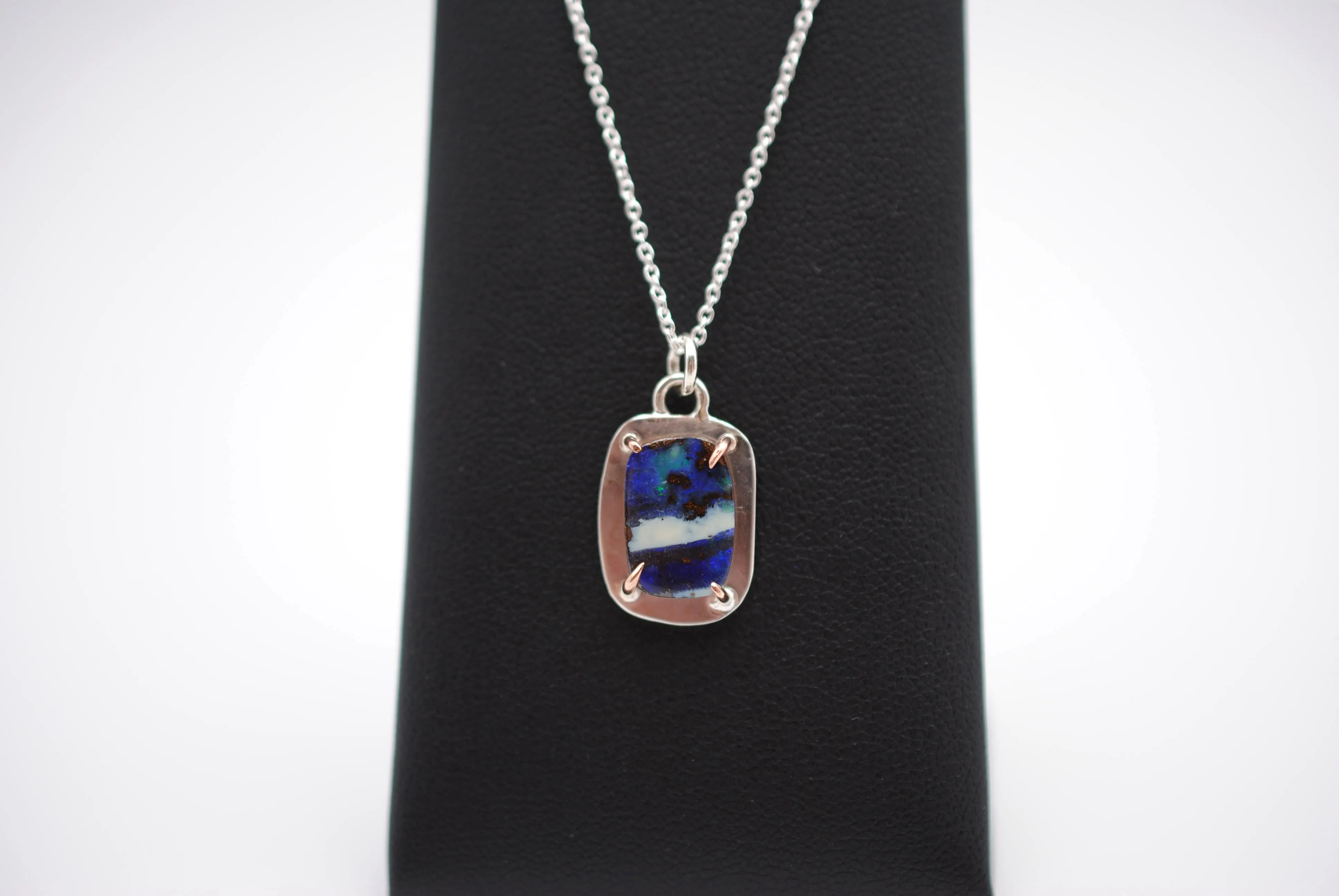 Boulder Opal with 14K Rose Gold Prongs Pedant Necklace on a Cable Chain