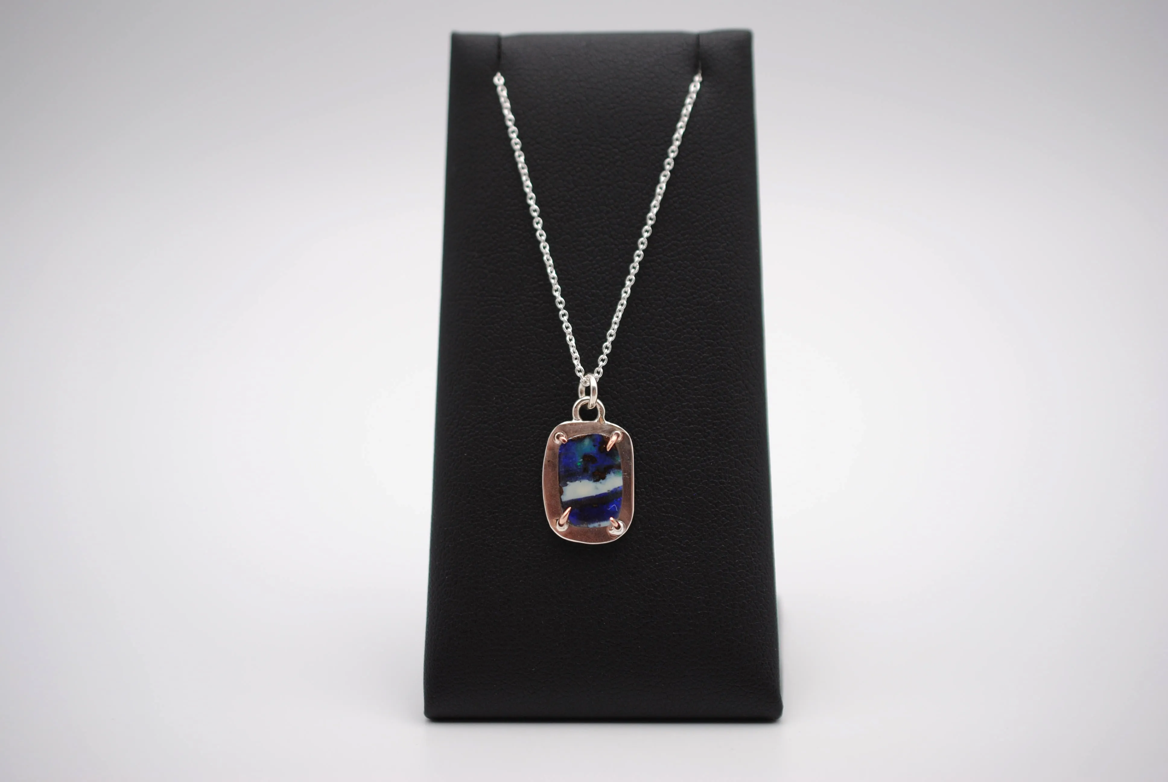 Boulder Opal with 14K Rose Gold Prongs Pedant Necklace on a Cable Chain