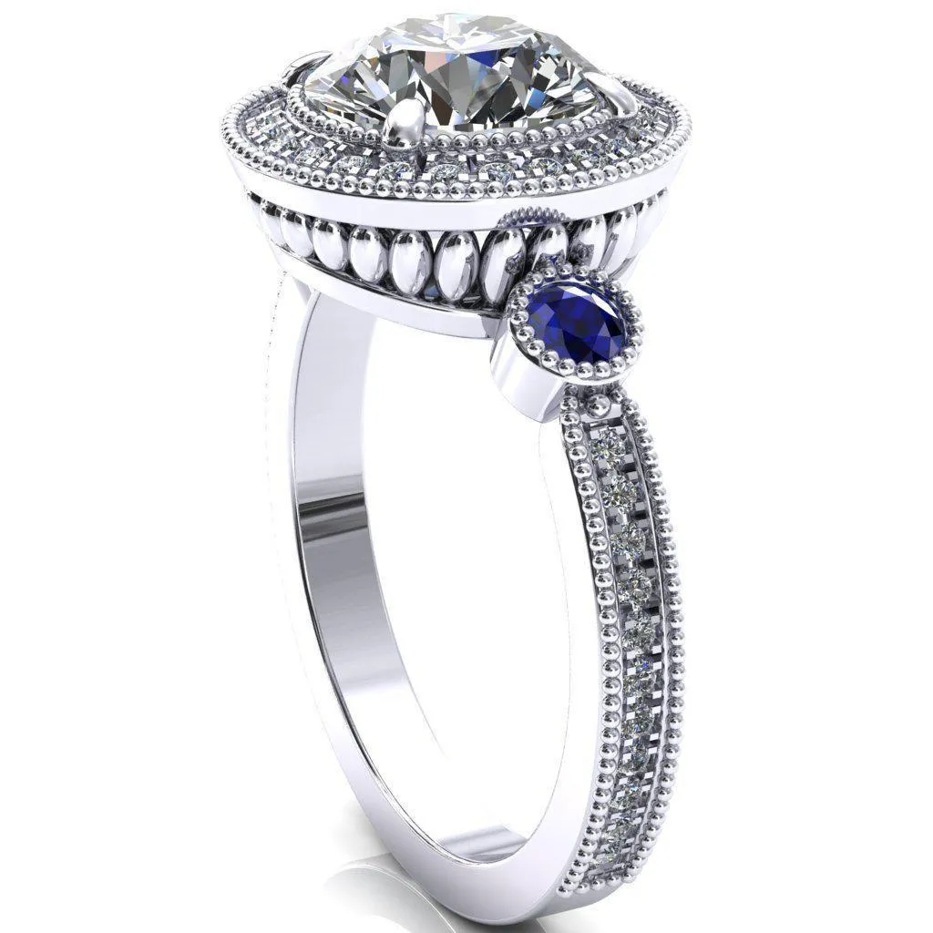 Brachium Round Center Stone Blue Sapphire Bezel Milgrain Halo 3/4 Eternity Accent Diamond Ring