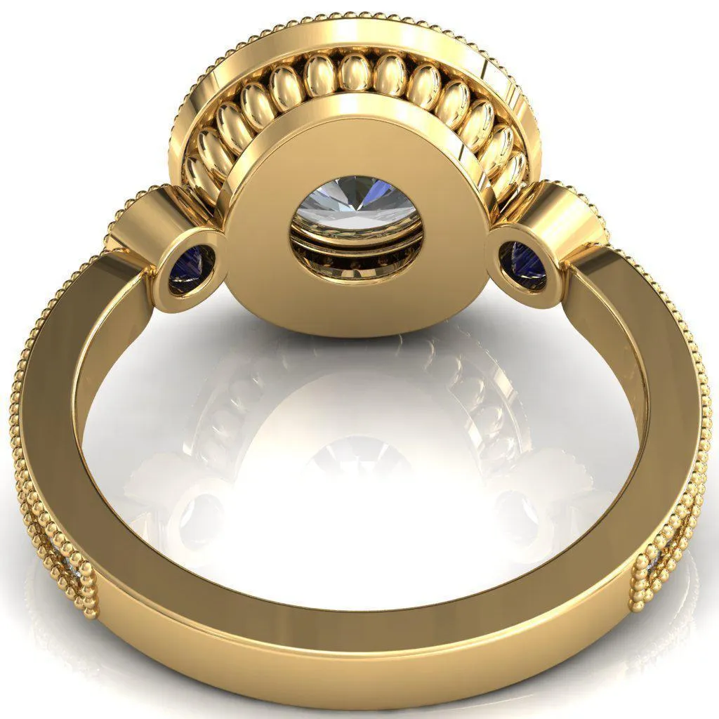 Brachium Round Center Stone Blue Sapphire Bezel Milgrain Halo 3/4 Eternity Accent Diamond Ring