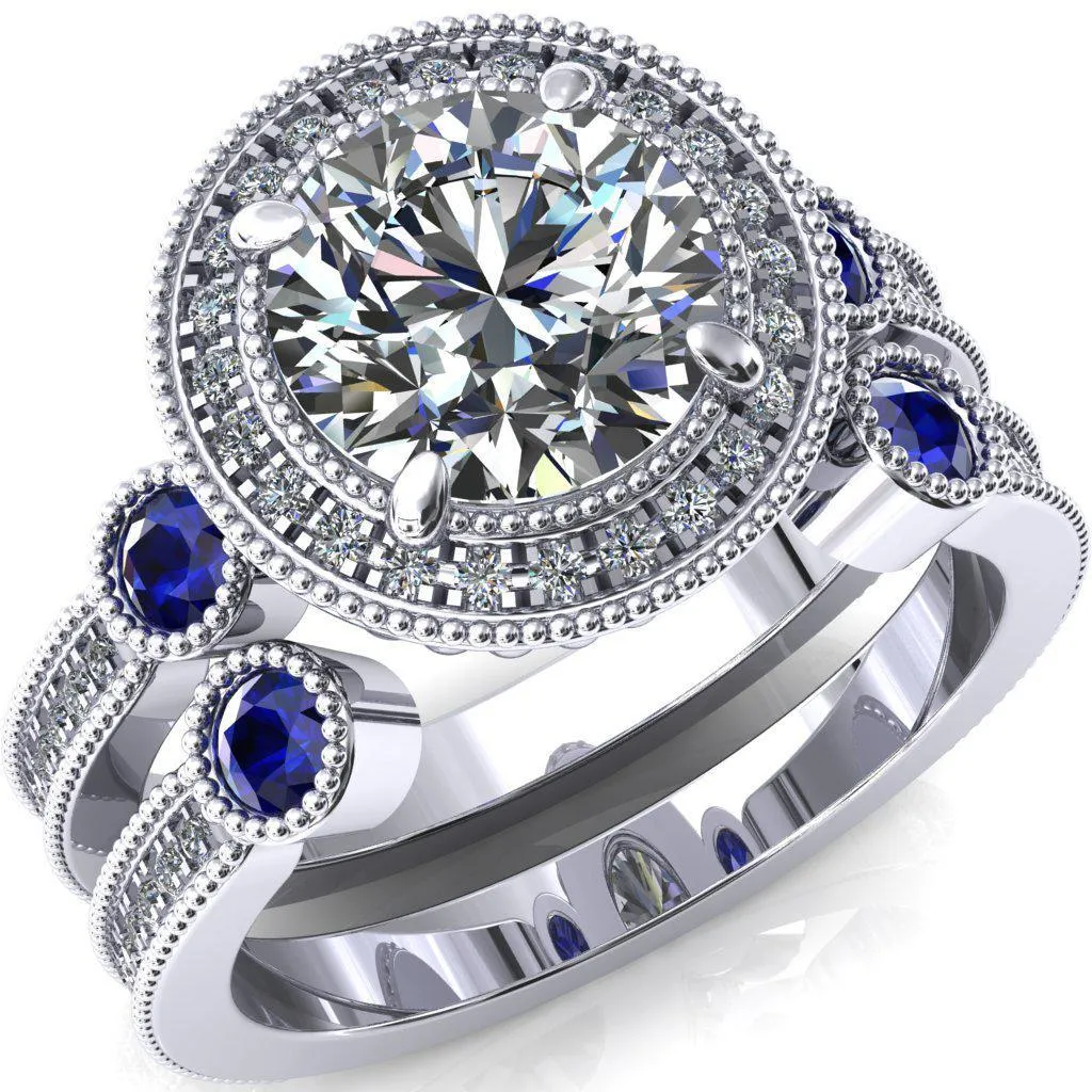 Brachium Round Center Stone Blue Sapphire Bezel Milgrain Halo 3/4 Eternity Accent Diamond Ring