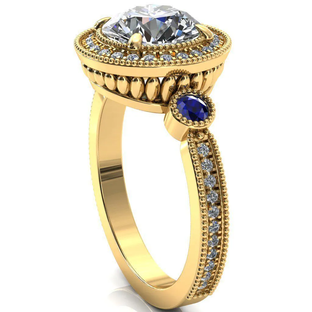 Brachium Round Center Stone Blue Sapphire Bezel Milgrain Halo 3/4 Eternity Accent Diamond Ring