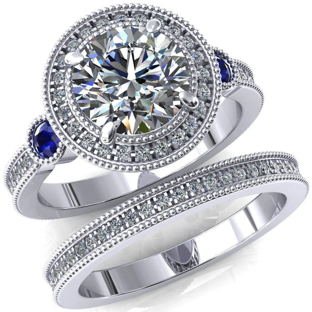 Brachium Round Center Stone Blue Sapphire Bezel Milgrain Halo 3/4 Eternity Accent Diamond Ring