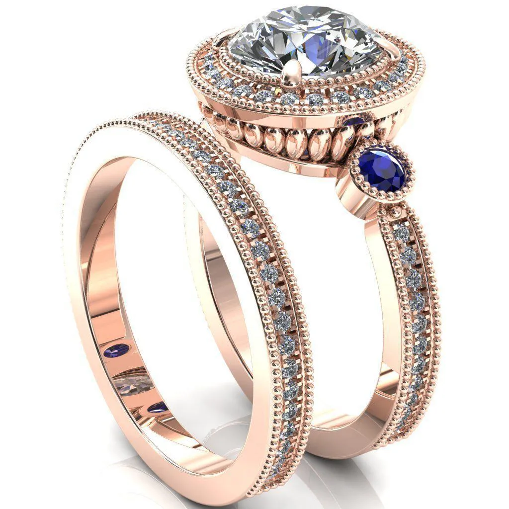 Brachium Round Center Stone Blue Sapphire Bezel Milgrain Halo 3/4 Eternity Accent Diamond Ring
