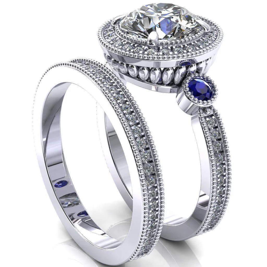 Brachium Round Center Stone Blue Sapphire Bezel Milgrain Halo 3/4 Eternity Accent Diamond Ring