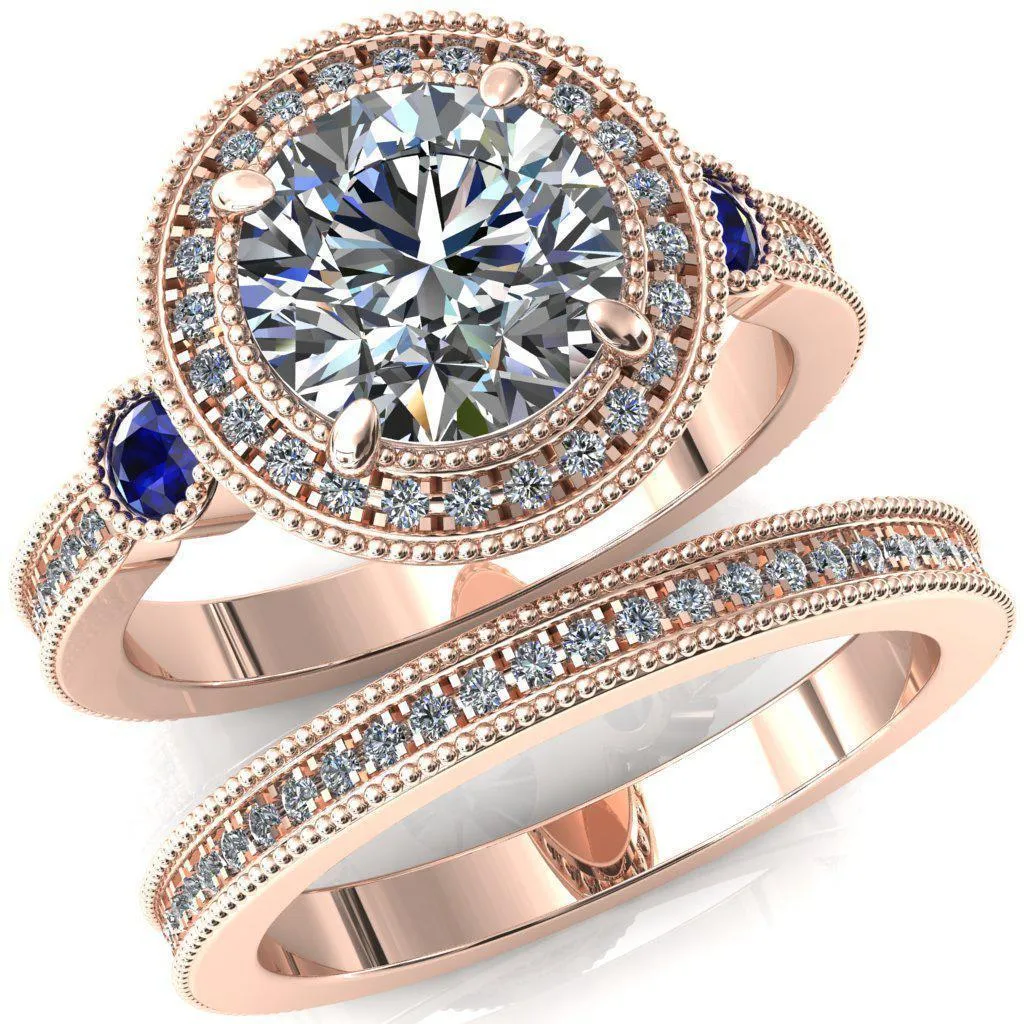Brachium Round Center Stone Blue Sapphire Bezel Milgrain Halo 3/4 Eternity Accent Diamond Ring