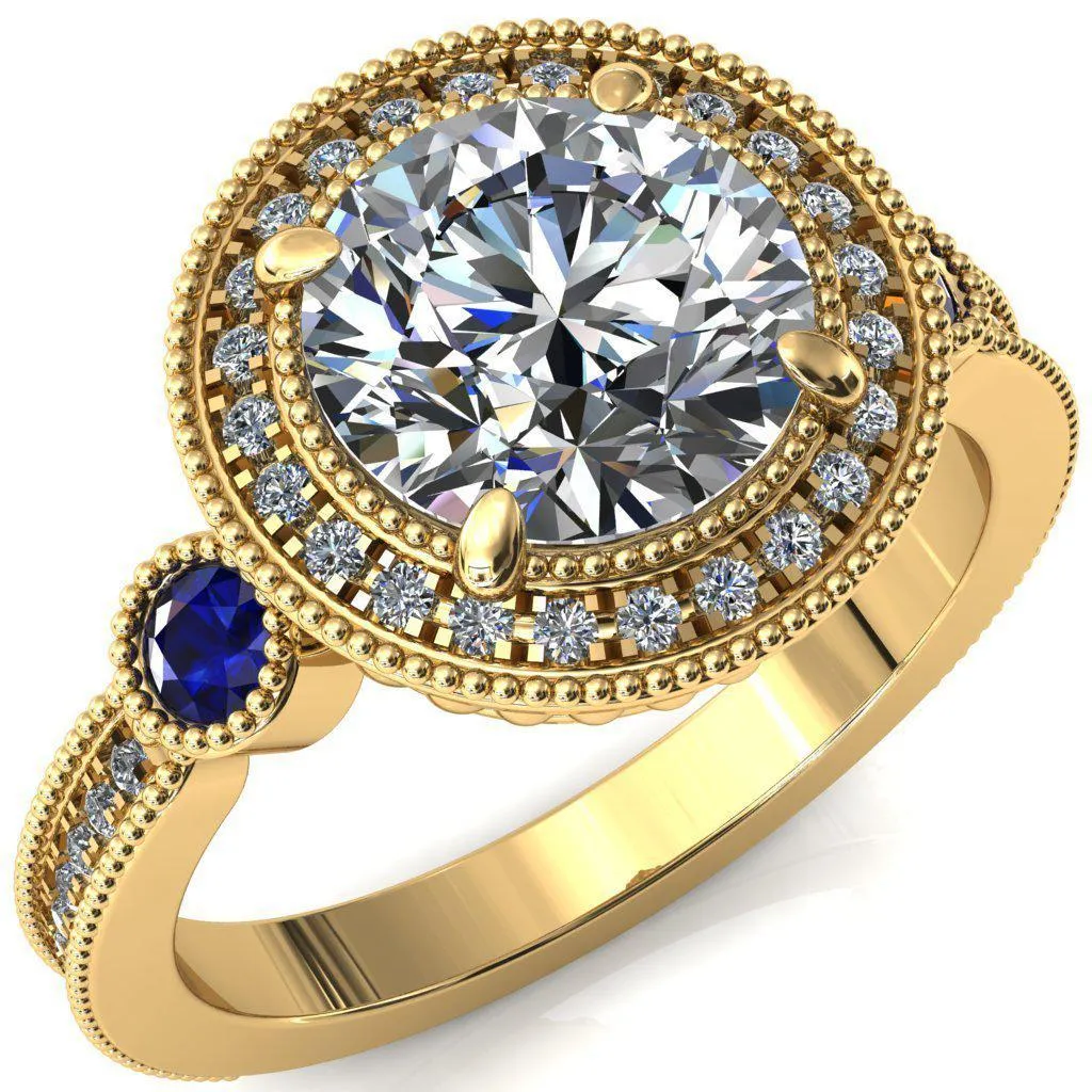 Brachium Round Center Stone Blue Sapphire Bezel Milgrain Halo 3/4 Eternity Accent Diamond Ring
