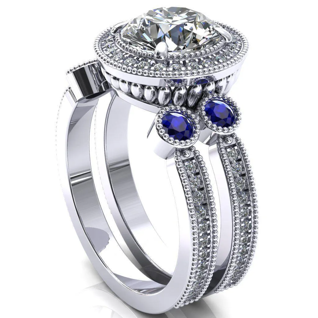 Brachium Round Center Stone Blue Sapphire Bezel Milgrain Halo 3/4 Eternity Accent Diamond Ring